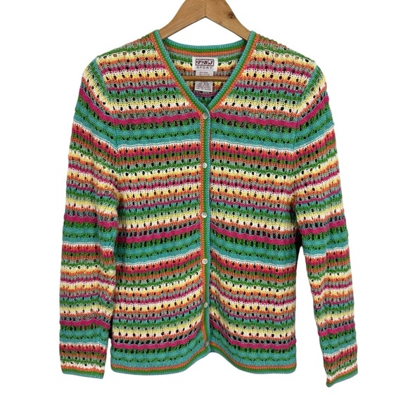 PBJ Sport Sweaters - Vintage 90s Y2K Rainbow Cardigan Sz M Open Knit Crochet Retro Boho Sweater VGUC